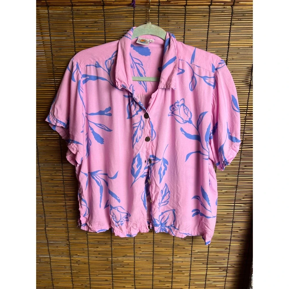 Makai Beach Hawaii Pink Blue Tropical Floral Rayon Button Down Shirt XL